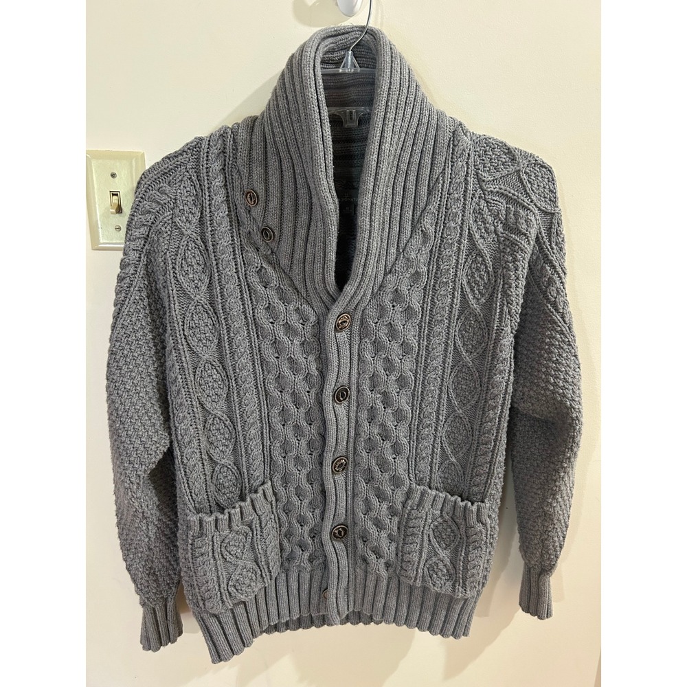LL Bean Signature Cardigan Mens M Grey Cotton Fisherman Sweater Shawl Collar